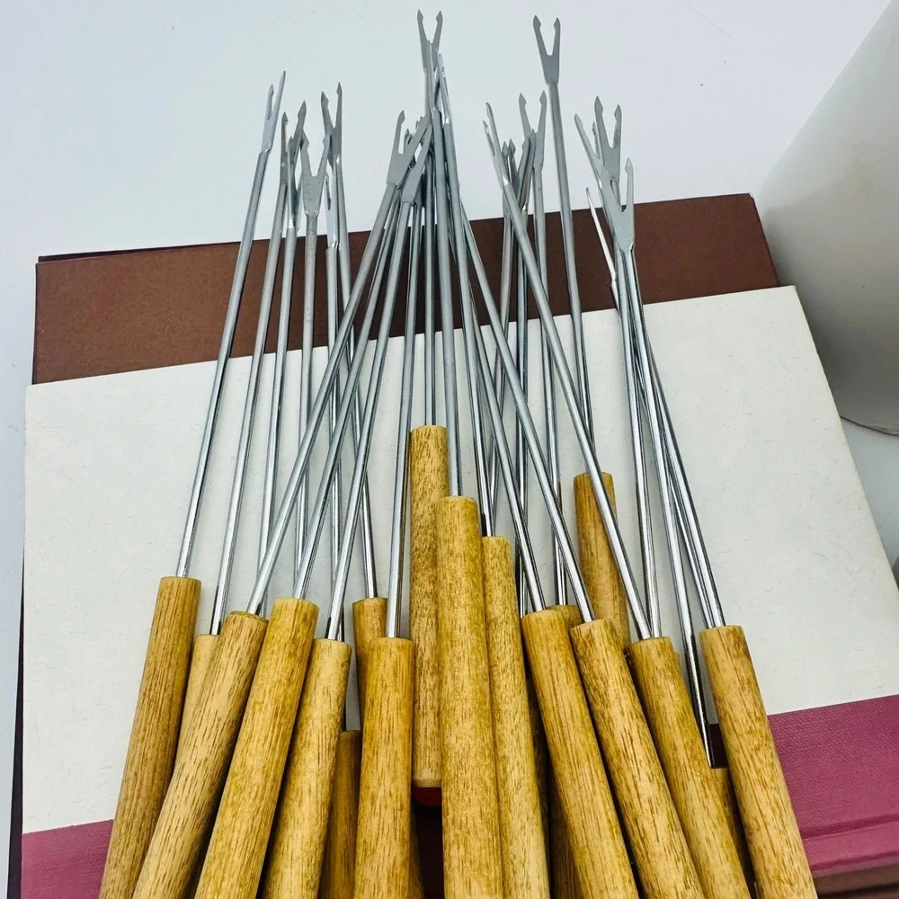 Vintage Wood Handle Fondue Forks Lot of 23 Multi Color Tips MCM Skewers